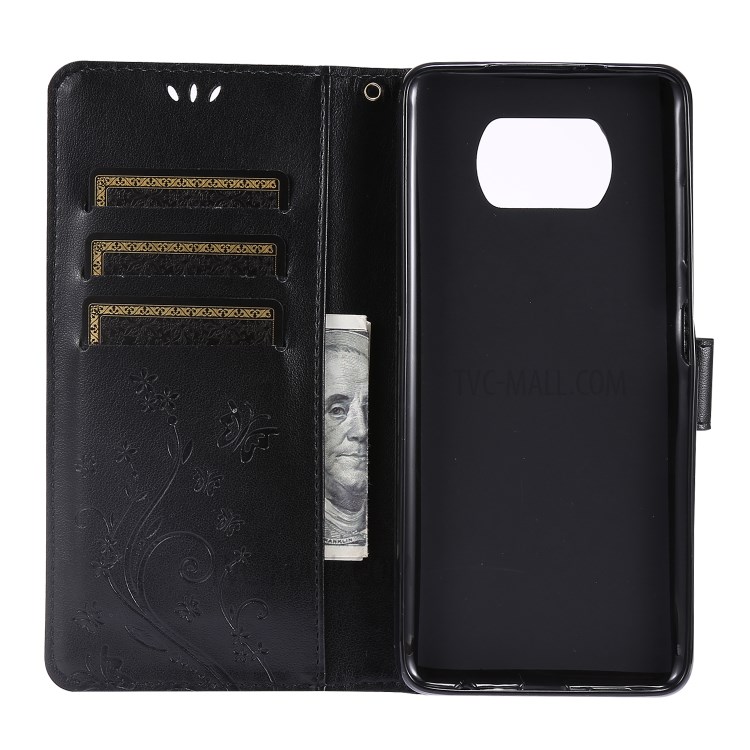 Imprint Butterfly Flower Leather Case with Strap for Xiaomi Poco X3 NFC - Black-6