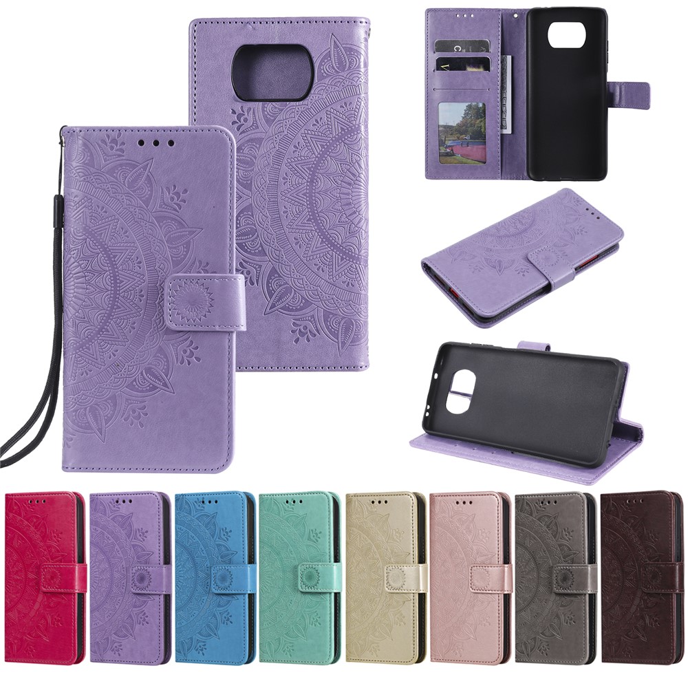 Imprinted Mandala Flower Wallet Leather Case with Strap for Xiaomi Poco X3 NFC - Purple-10
