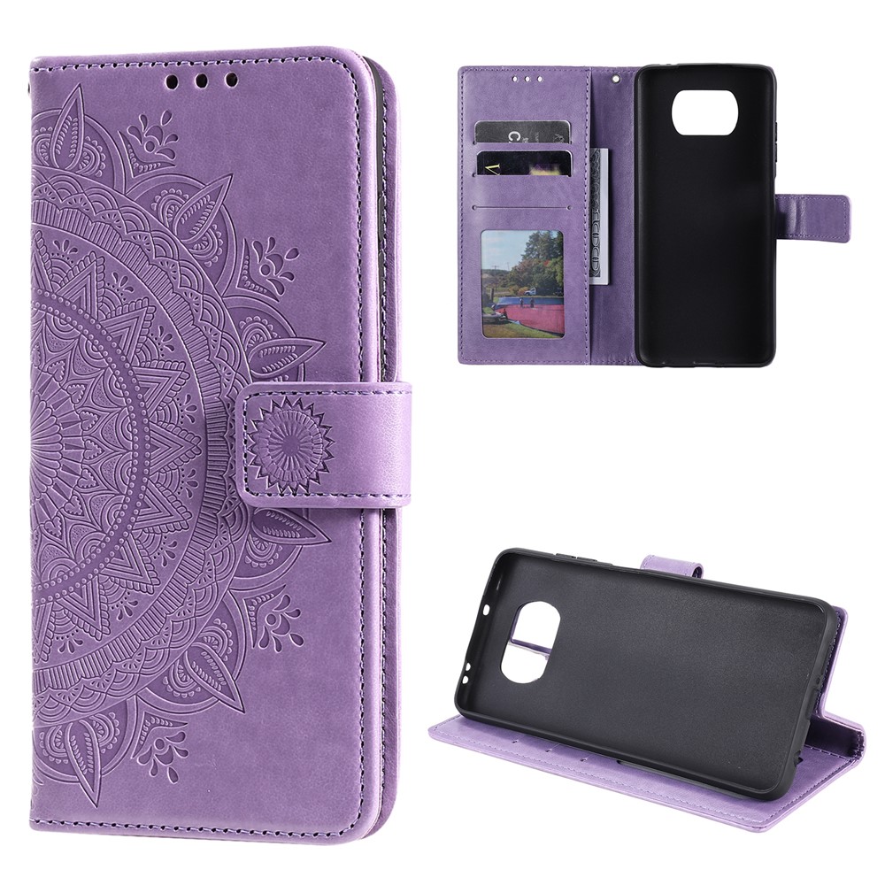 Imprinted Mandala Flower Wallet Leather Case with Strap for Xiaomi Poco X3 NFC - Purple-9