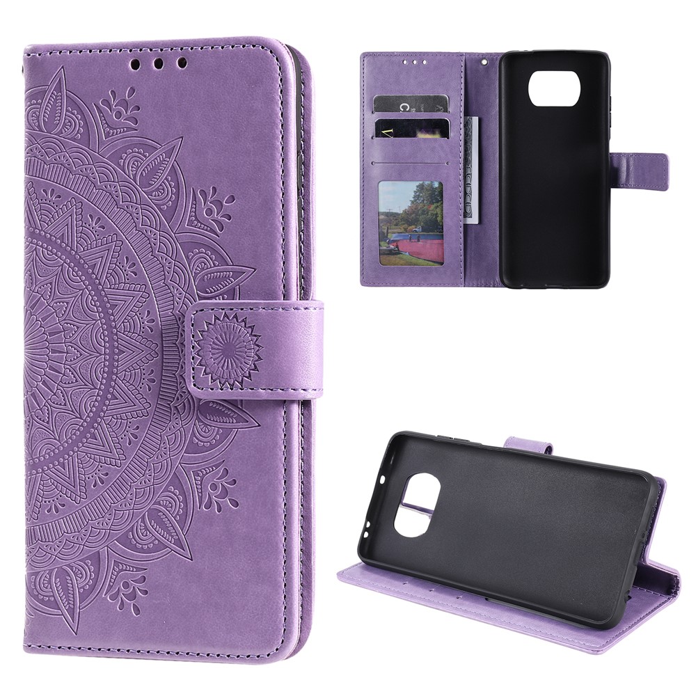 Caixa de Couro da Carteira de Flor Mandala Impressa Com Cinta Para Xiaomi Poco X3 Nfc / Poco X3 / X3 Pro - Roxo