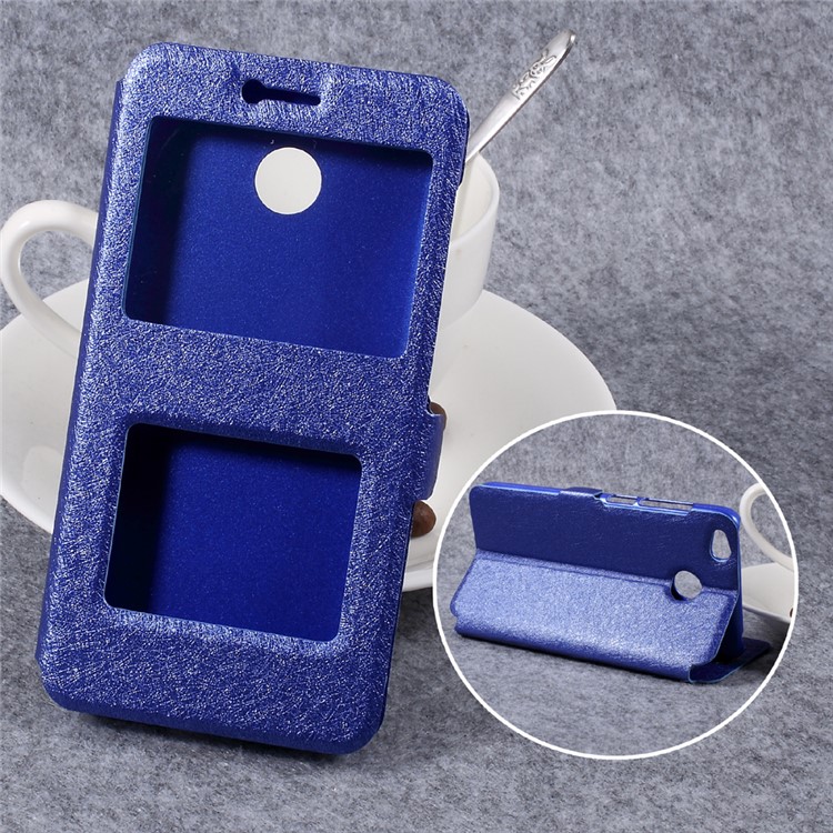 Silk Texture Dual Window Leather Stand Case for Xiaomi Redmi 4X - Blue-1