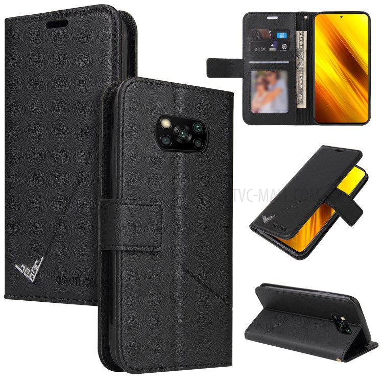 GQ.UTROBE Rectangular Metal Decor Stand Leather Cover for Xiaomi Poco X3 NFC - Black-1