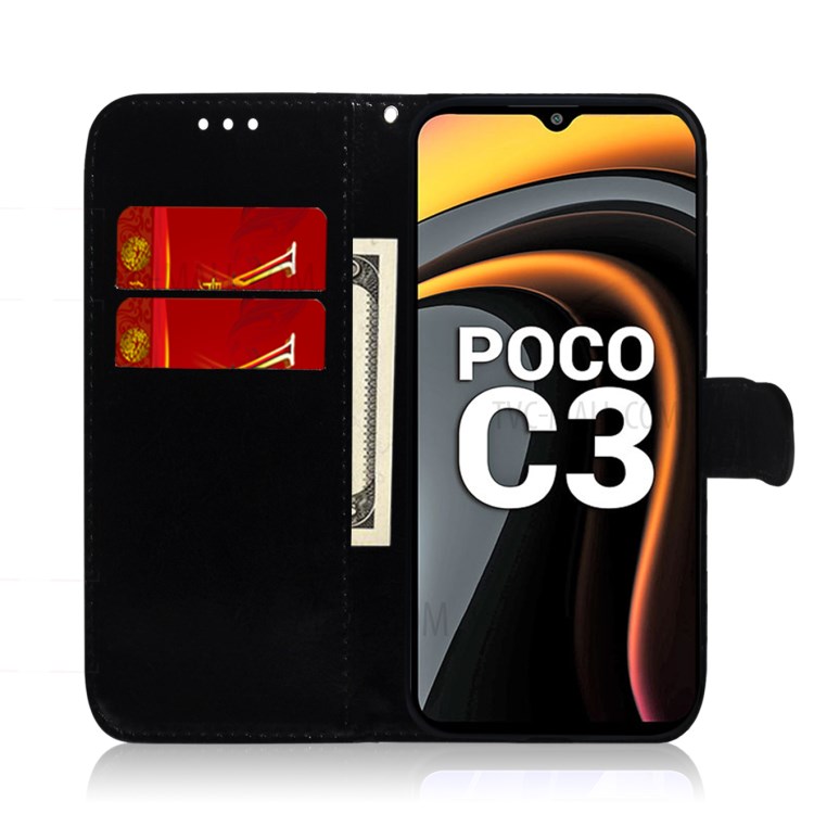 Mirror-like Surface Wallet Stand Leather Case for Xiaomi Poco C3 - Black-3