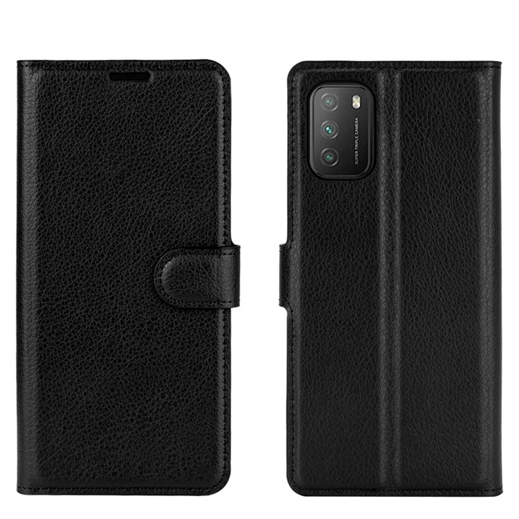 Litchi Texture Wallet Design Leather Phone Protective Stand Cover for Xiaomi Poco M3 - Black-1