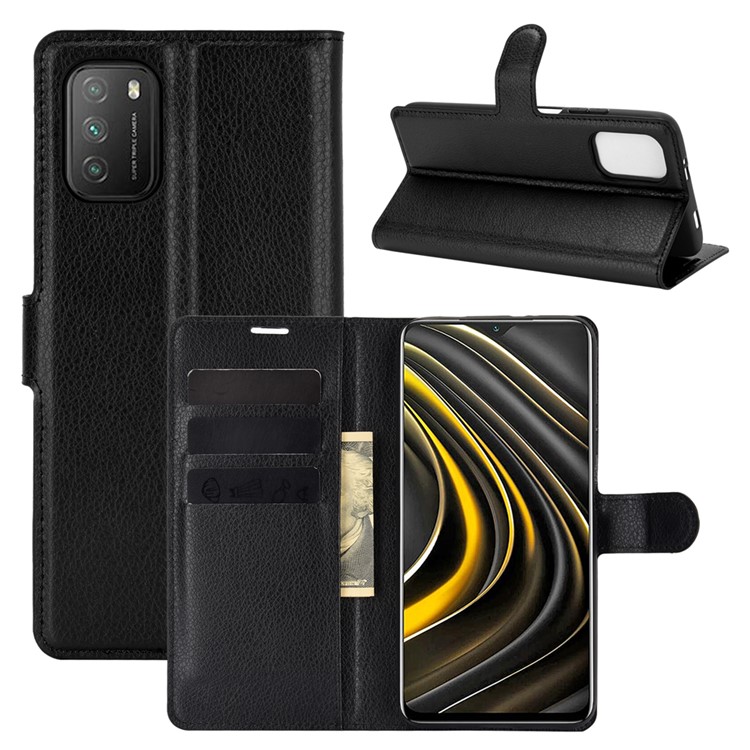 Litchi Texture Wallet Design Leather Phone Protective Stand Cover for Xiaomi Poco M3 - Black-2