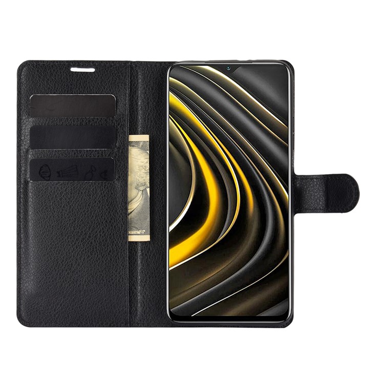 Litchi Texture Wallet Design Leather Phone Protective Stand Cover for Xiaomi Poco M3 - Black-4