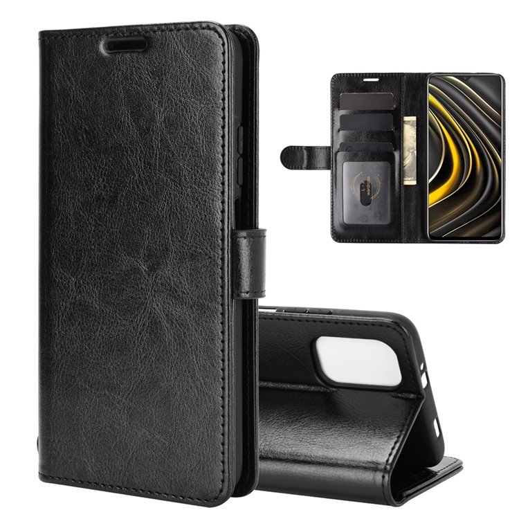 Crazy Horse Texture Leather Stand Wallet Protective Shell for Xiaomi Poco M3 - Black-1