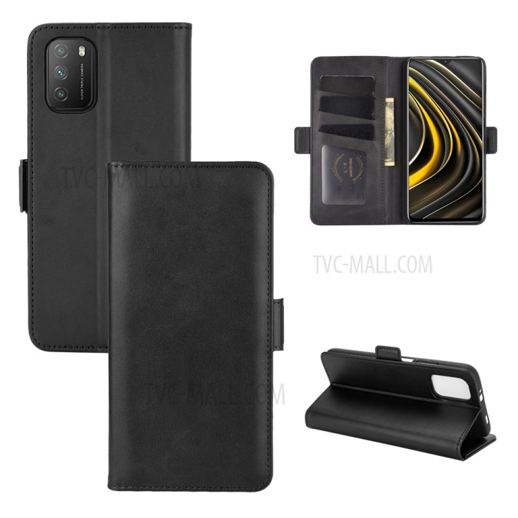 Double Magnetic Clasp Folio Flip Leather Cover Case for Xiaomi Poco M3 - Black-1