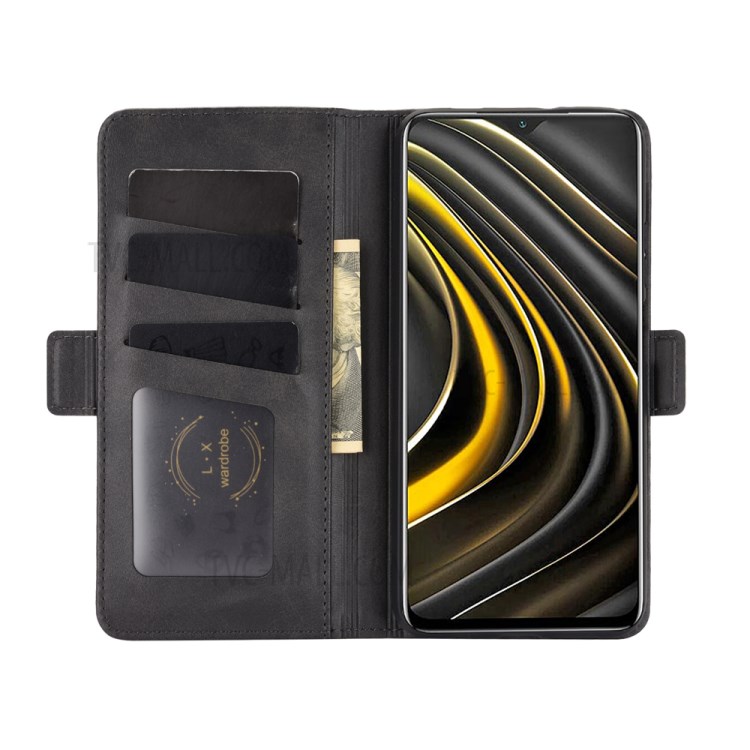 Double Magnetic Clasp Folio Flip Leather Cover Case for Xiaomi Poco M3 - Black-4