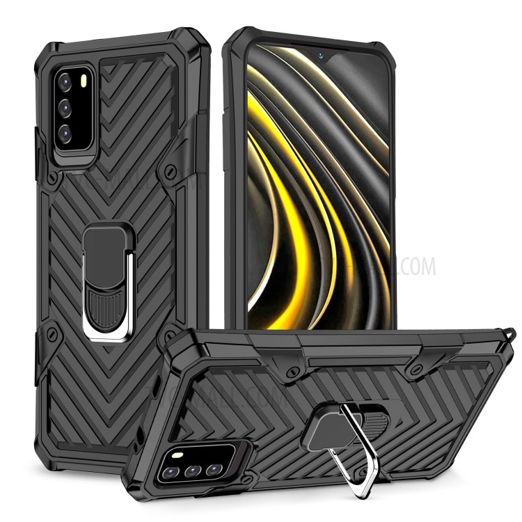 PC + TPU + Metal Hybrid Cover Rotatable Finger Ring Kickstand Phone Shell for Xiaomi Poco M3 - Black-1