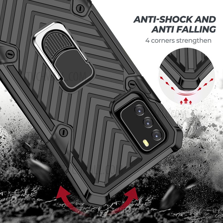 PC + TPU + Metal Hybrid Cover Rotatable Finger Ring Kickstand Phone Shell for Xiaomi Poco M3 - Black-3