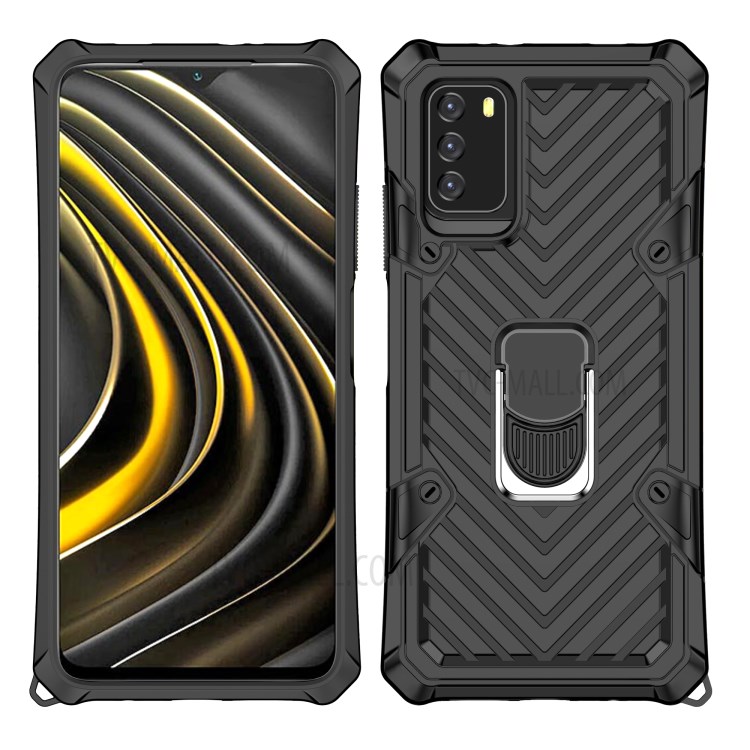 PC + TPU + Metal Hybrid Cover Rotatable Finger Ring Kickstand Phone Shell for Xiaomi Poco M3 - Black-6