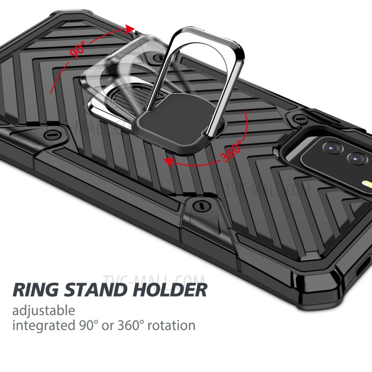 PC + TPU + Metal Hybrid Cover Rotatable Finger Ring Kickstand Phone Shell for Xiaomi Poco M3 - Black-7