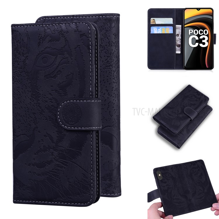 Tiger Pattern Imprinted Leather Stand Wallet Phone Case for Xiaomi Poco C3 - Black-1