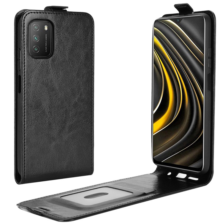 Vertical Flip Crazy Horse Texture with Card Holder for Xiaomi Poco M3 Leather Cover - Black-1