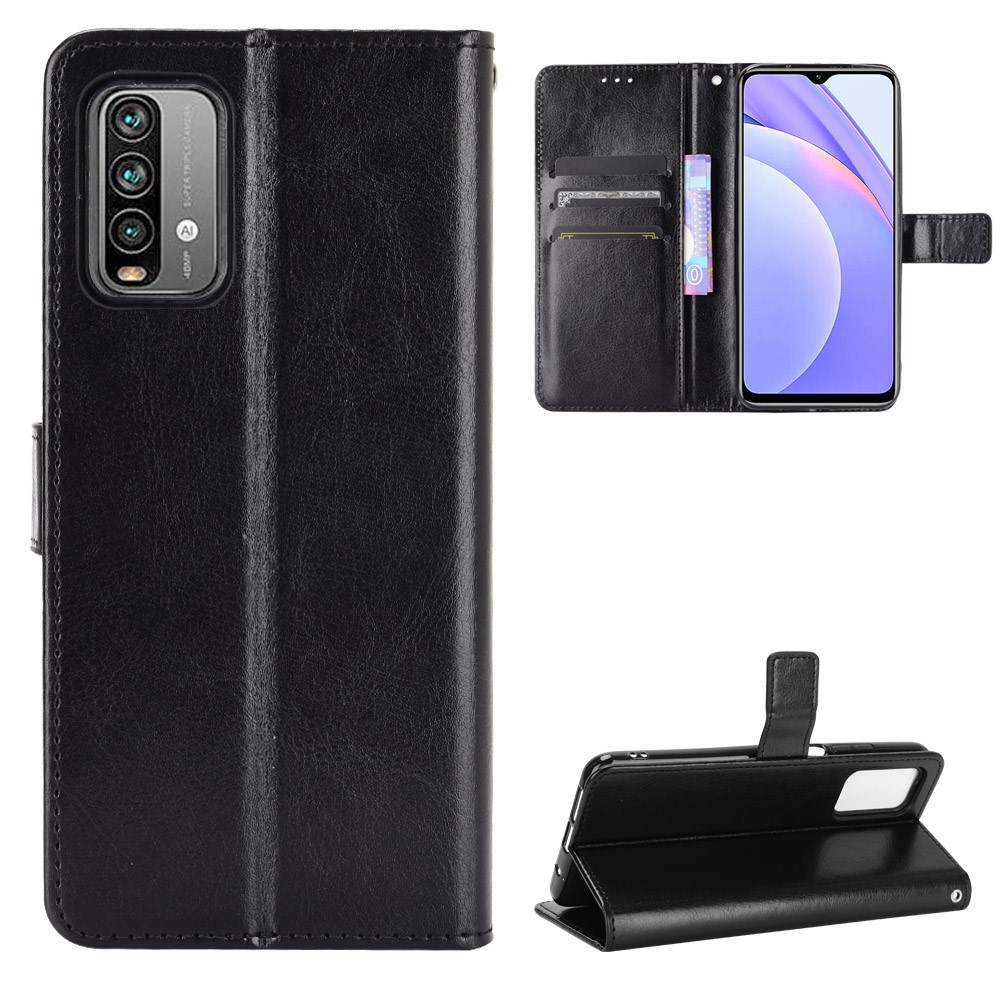 Wallet Crazy Horse Texture Stand Leather Shell with Strap for Xiaomi Redmi Note 9 4G - Black-1