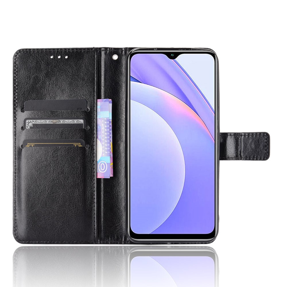 Wallet Crazy Horse Textur Ständer Lederschale Mit Gurt Für Xiaomi Redmi Anmerkung 9 4g / 9 Power / Redmi 9T - Schwarz