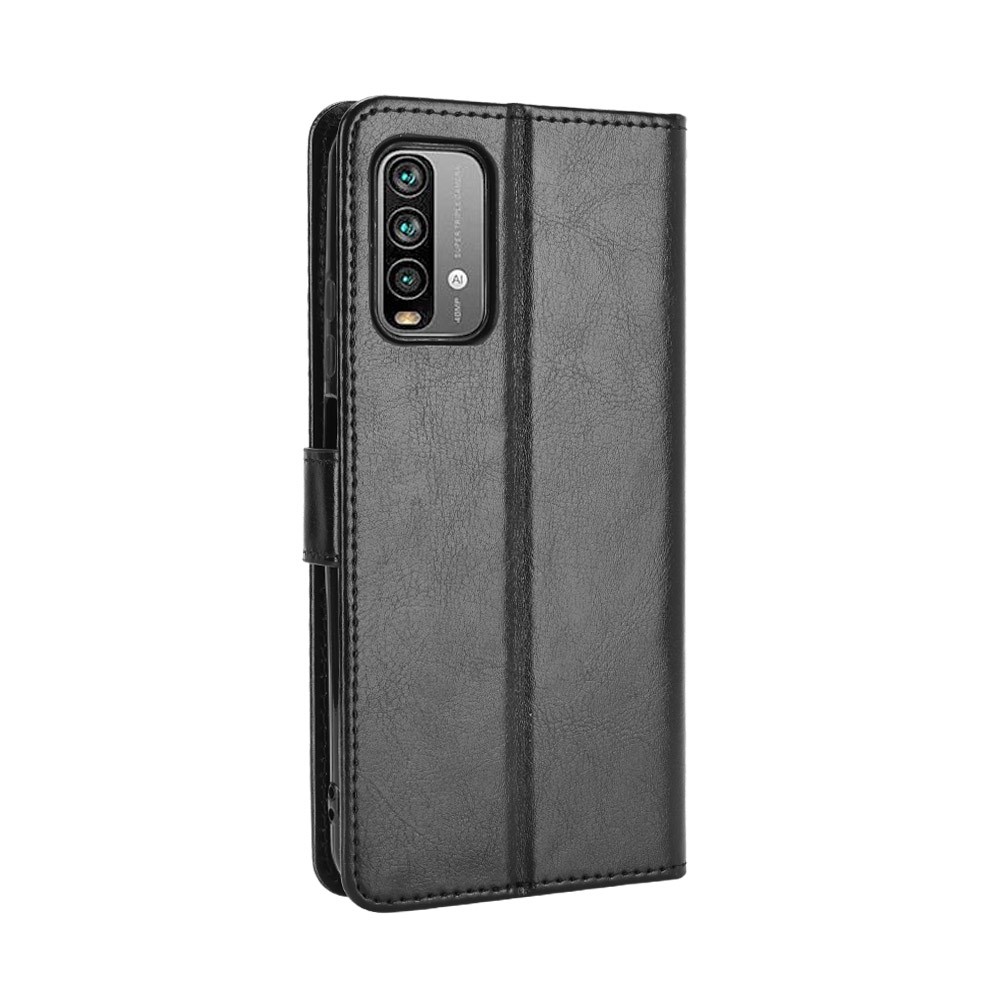 Wallet Crazy Horse Textur Ständer Lederschale Mit Gurt Für Xiaomi Redmi Anmerkung 9 4g / 9 Power / Redmi 9T - Schwarz