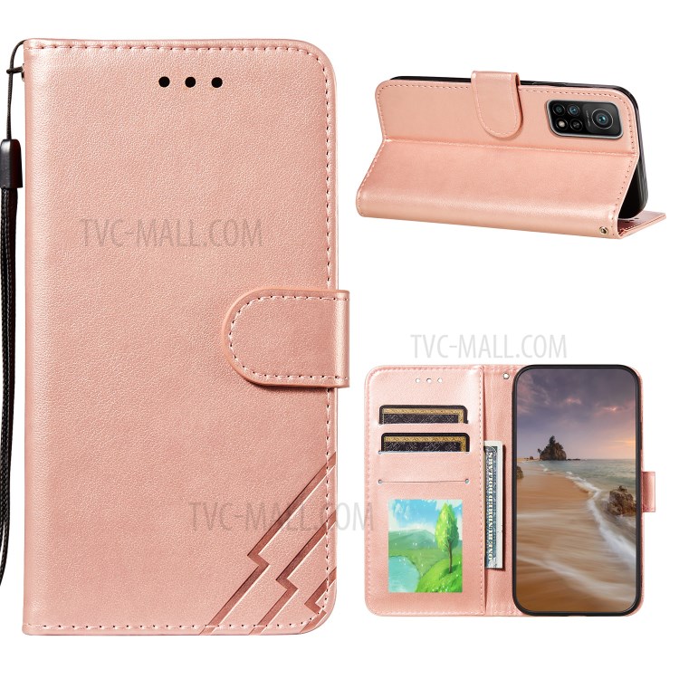 Stripes Imprint Design Wallet Stand Leather Phone Cover Case for Xiaomi Mi 10T 5G/Mi 10T Pro 5G/Redmi K30S - Rose Gold-1
