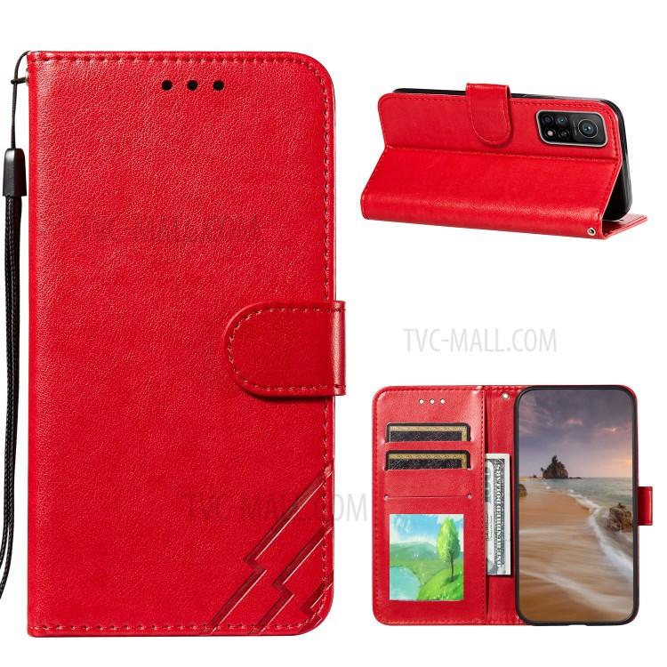 Stripes Imprint Design Wallet Stand Leather Phone Cover Case for Xiaomi Mi 10T 5G/Mi 10T Pro 5G/Redmi K30S - Red-1