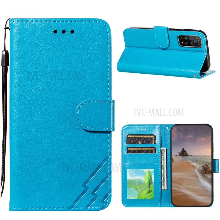 Stripes Imprint Design Wallet Stand Leather Phone Cover Case for Xiaomi Mi 10T 5G/Mi 10T Pro 5G/Redmi K30S - Blue-1