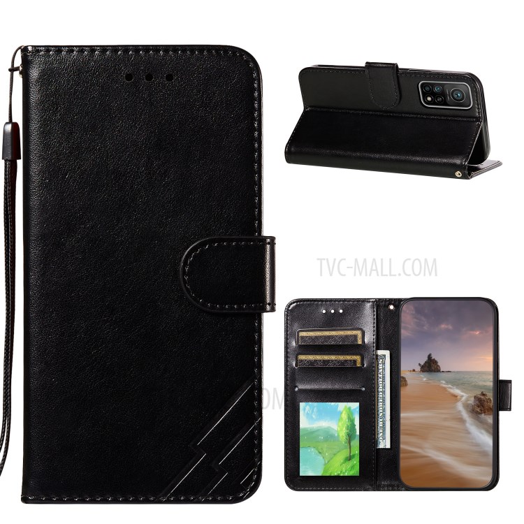 Stripes Imprint Design Wallet Stand Leather Phone Cover Case for Xiaomi Mi 10T 5G/Mi 10T Pro 5G/Redmi K30S - Black-1