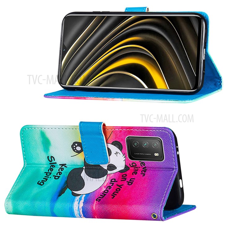 Pattern Printing Cross Texture Leather Wallet Stand Design Phone Protective Case for Xiaomi Poco M3 - Panda-4