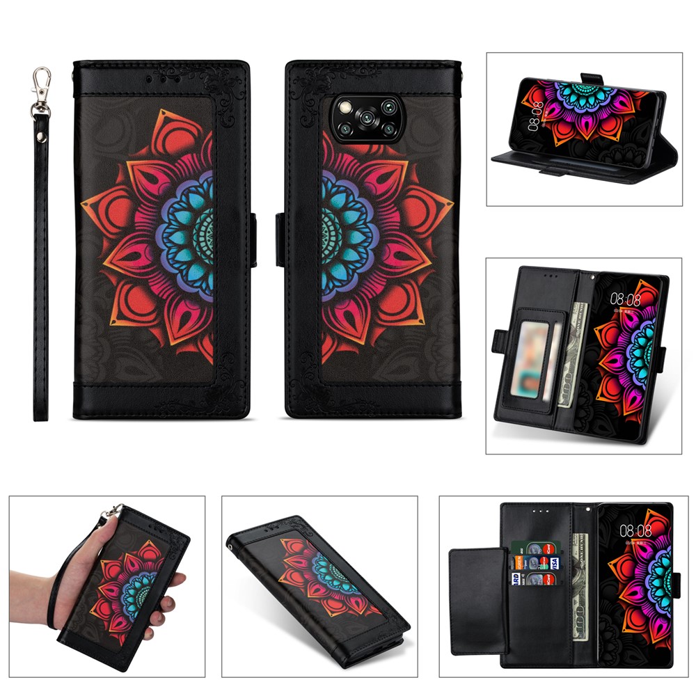 Flower Patterned PU Leather Shell with Wallet Stand Design for Xiaomi Poco X3 - Black-1