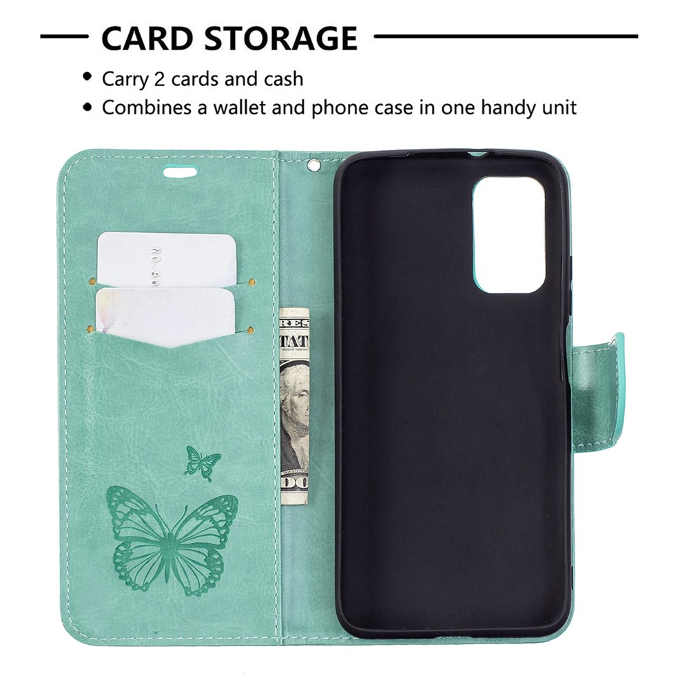 Pour Xiaomi Poco M3 Imprent Butterflies Portefeuille Stand Flip Leather Shell - Vert-6