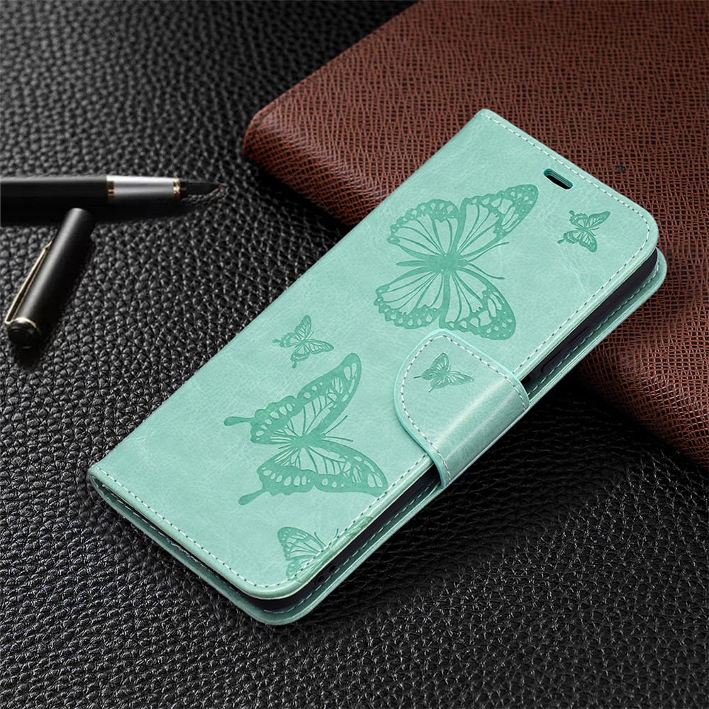 Per Xiaomi Poco M3 Imprint Butterflies Worthet Stand Flip Leather Shell - Verde