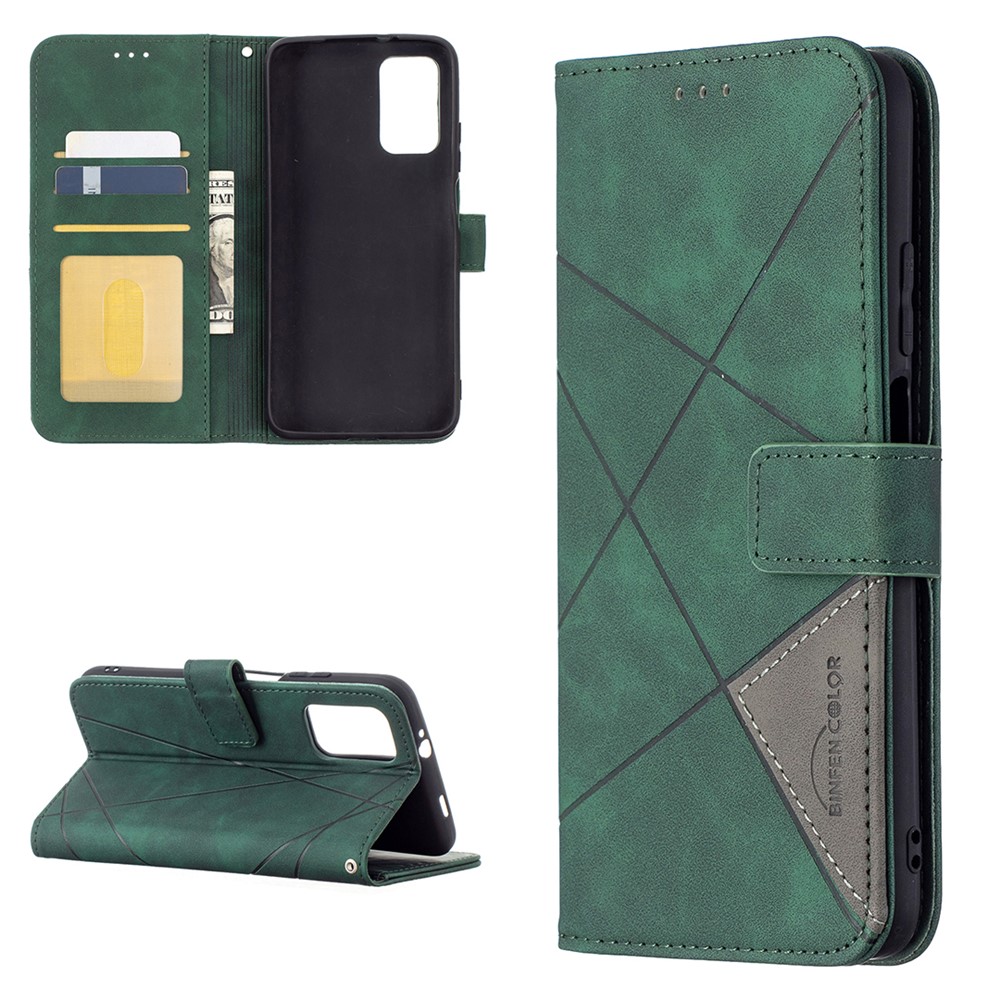 For Xiaomi Poco M3 BF05 Geometric Texture Leather Wallet Stand Case Cover - Green-1