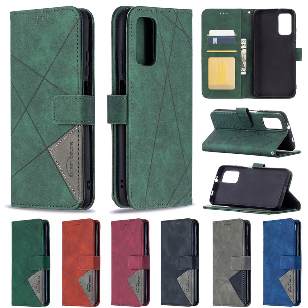 For Xiaomi Poco M3 BF05 Geometric Texture Leather Wallet Stand Case Cover - Green-10