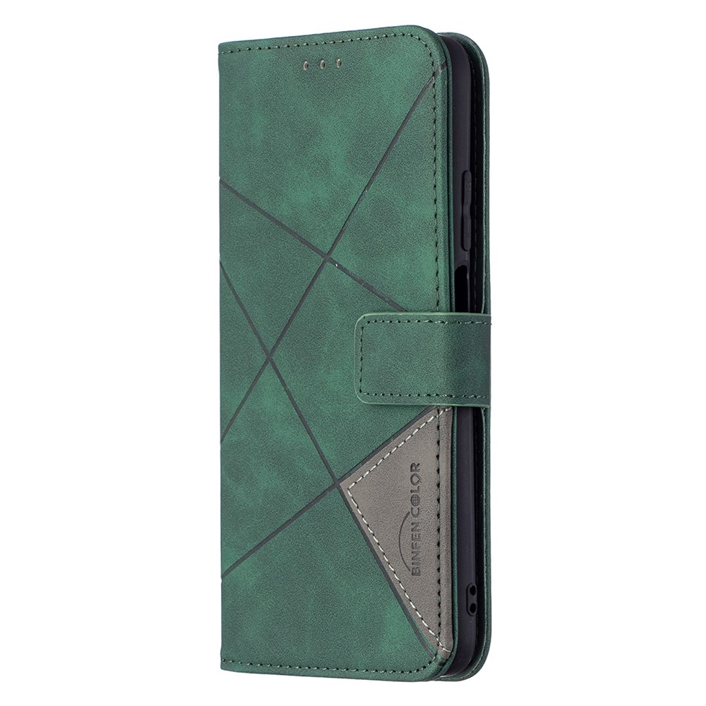 For Xiaomi Poco M3 BF05 Geometric Texture Leather Wallet Stand Case Cover - Green-2