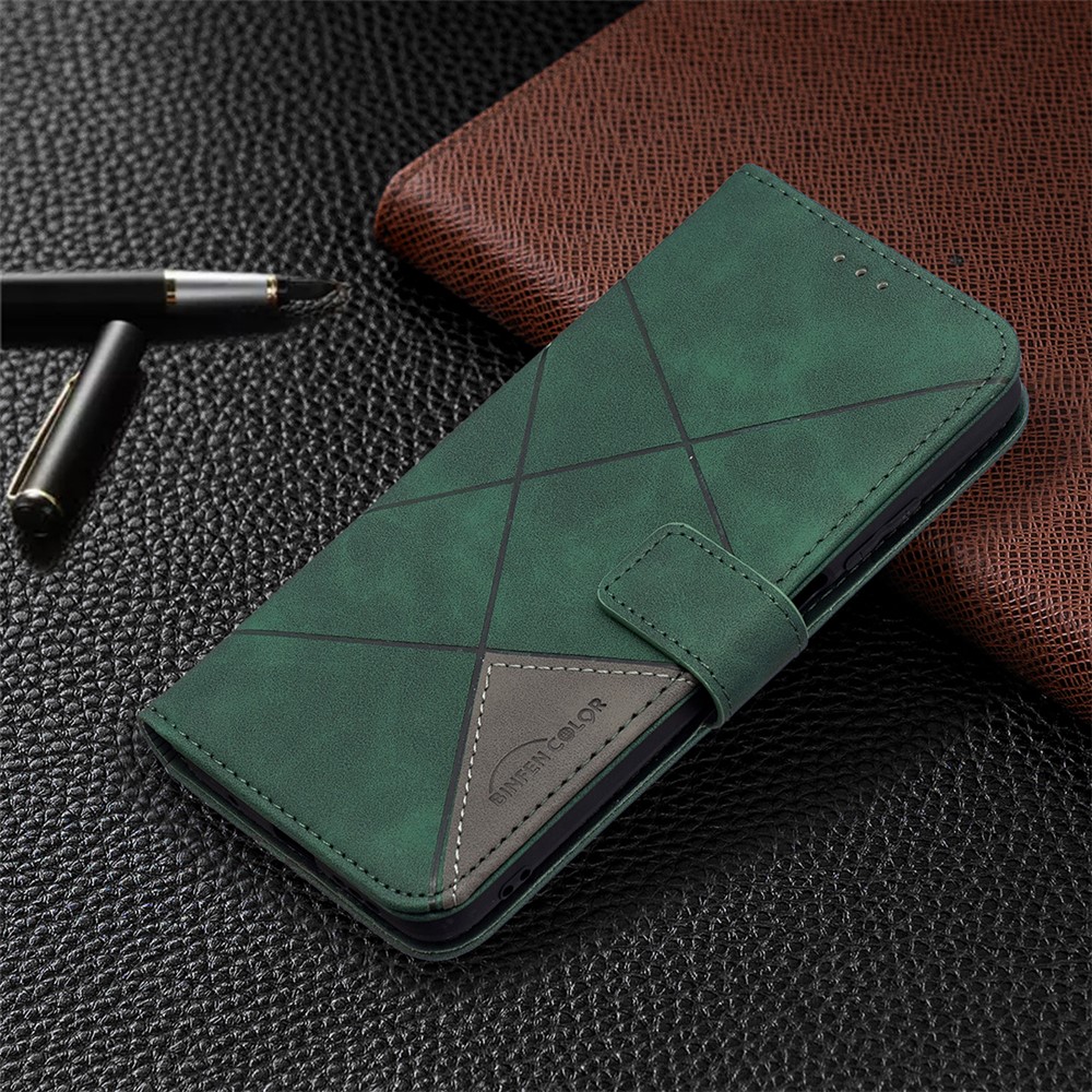 For Xiaomi Poco M3 BF05 Geometric Texture Leather Wallet Stand Case Cover - Green-7