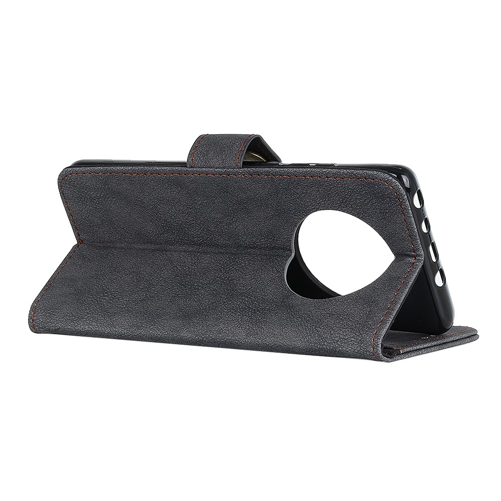 KHAZHEN Stitching Split Leather Wallet Design Phone Cover Case for Xiaomi Redmi Note 9 5G/Redmi Note 9T 5G - Black-4