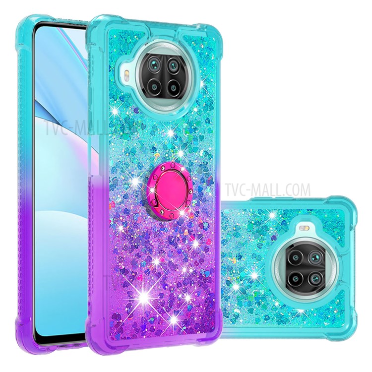 Scratch-resistant Gradient Quicksand TPU Shell for Xiaomi Mi 10T Lite 5G/Redmi Note 9 Pro 5G/Mi 10i 5G with Kickstand Cover - Cyan/Purple-1