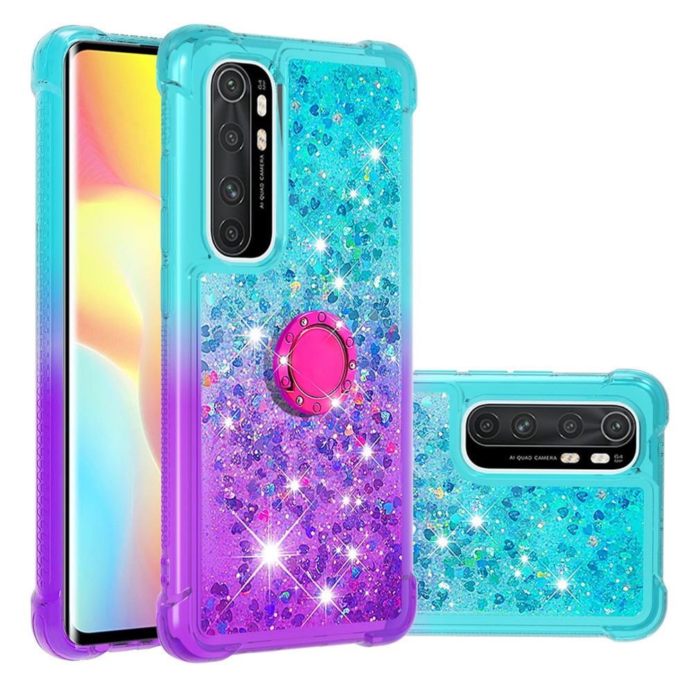 Shockproof Gradient Quicksand with Ring Kickstand TPU Shell for Xiaomi Mi Note 10 Lite - Cyan/Purple-1