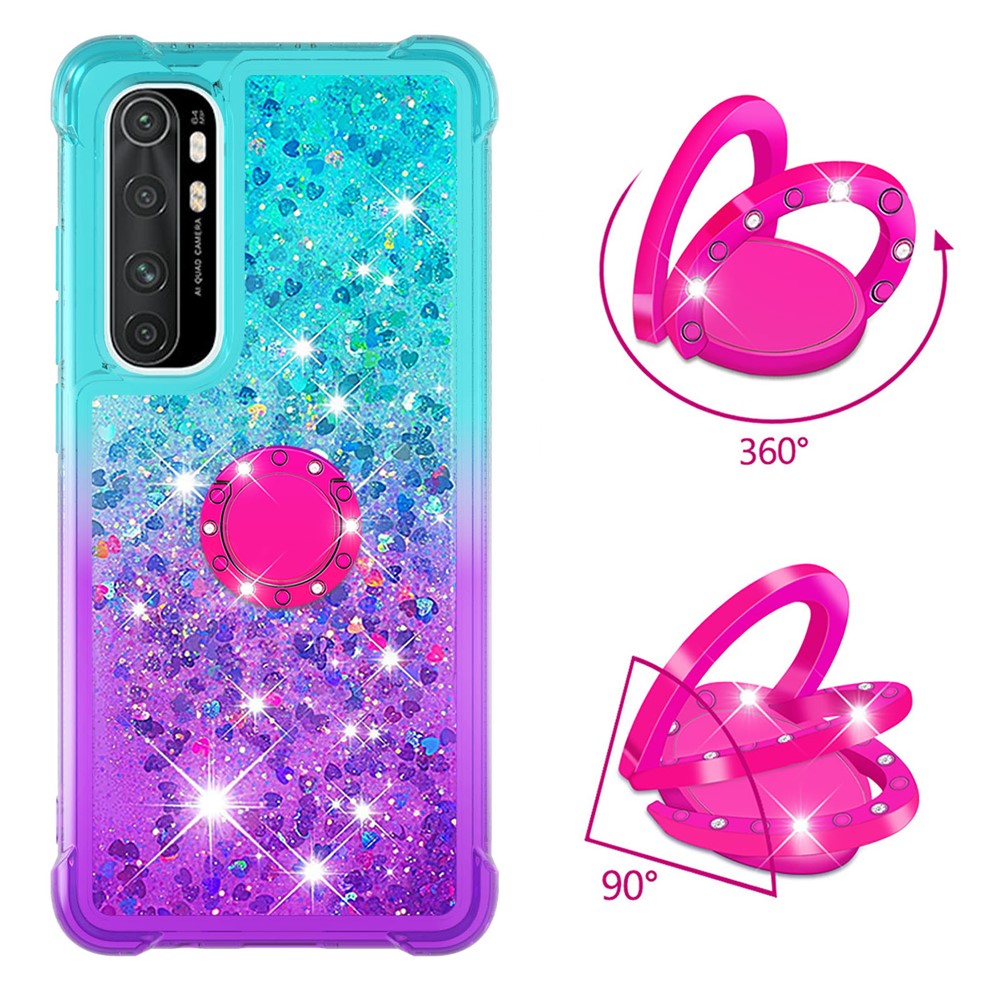 Shockproof Gradient Quicksand with Ring Kickstand TPU Shell for Xiaomi Mi Note 10 Lite - Cyan/Purple-2