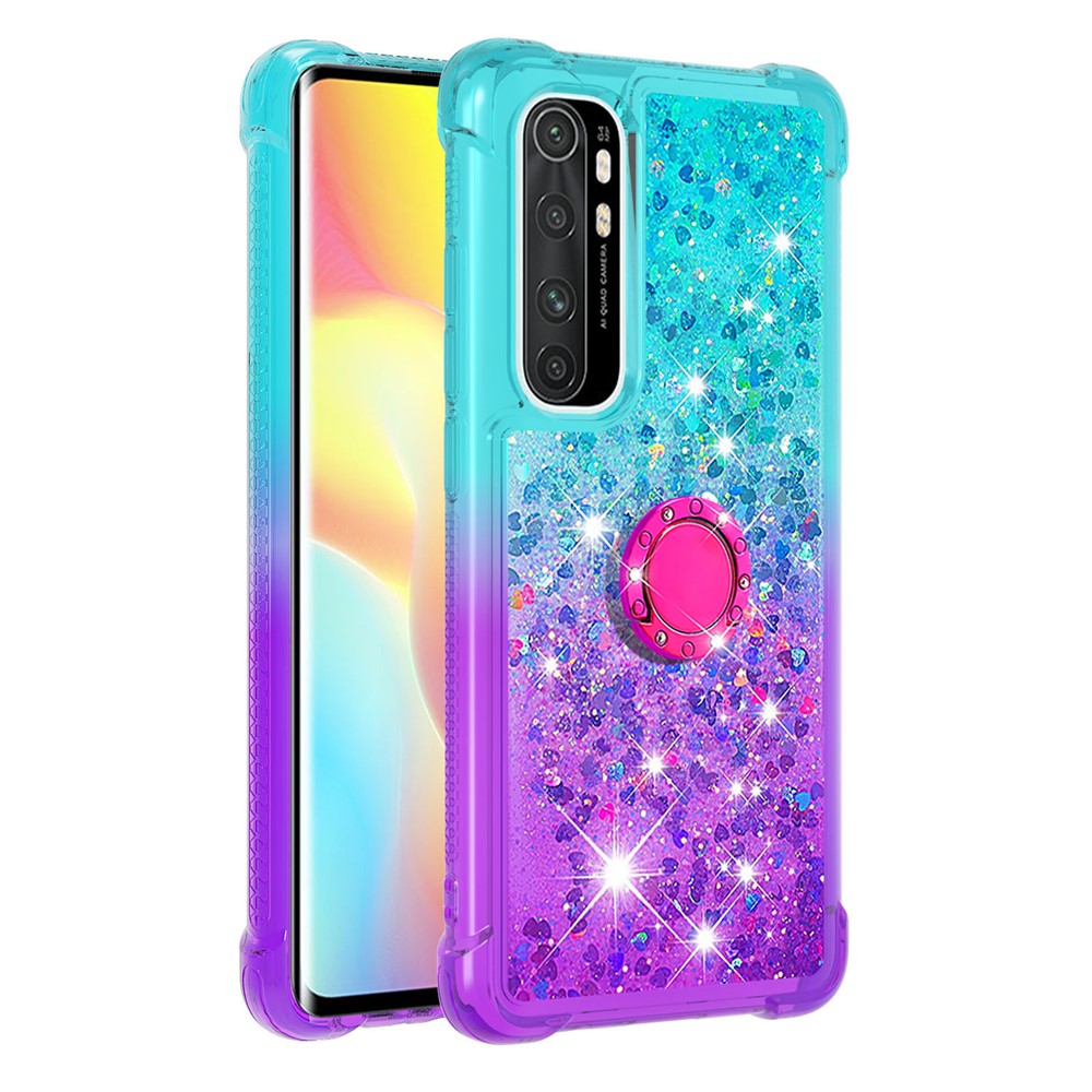 Shockproof Gradient Quicksand with Ring Kickstand TPU Shell for Xiaomi Mi Note 10 Lite - Cyan/Purple-3