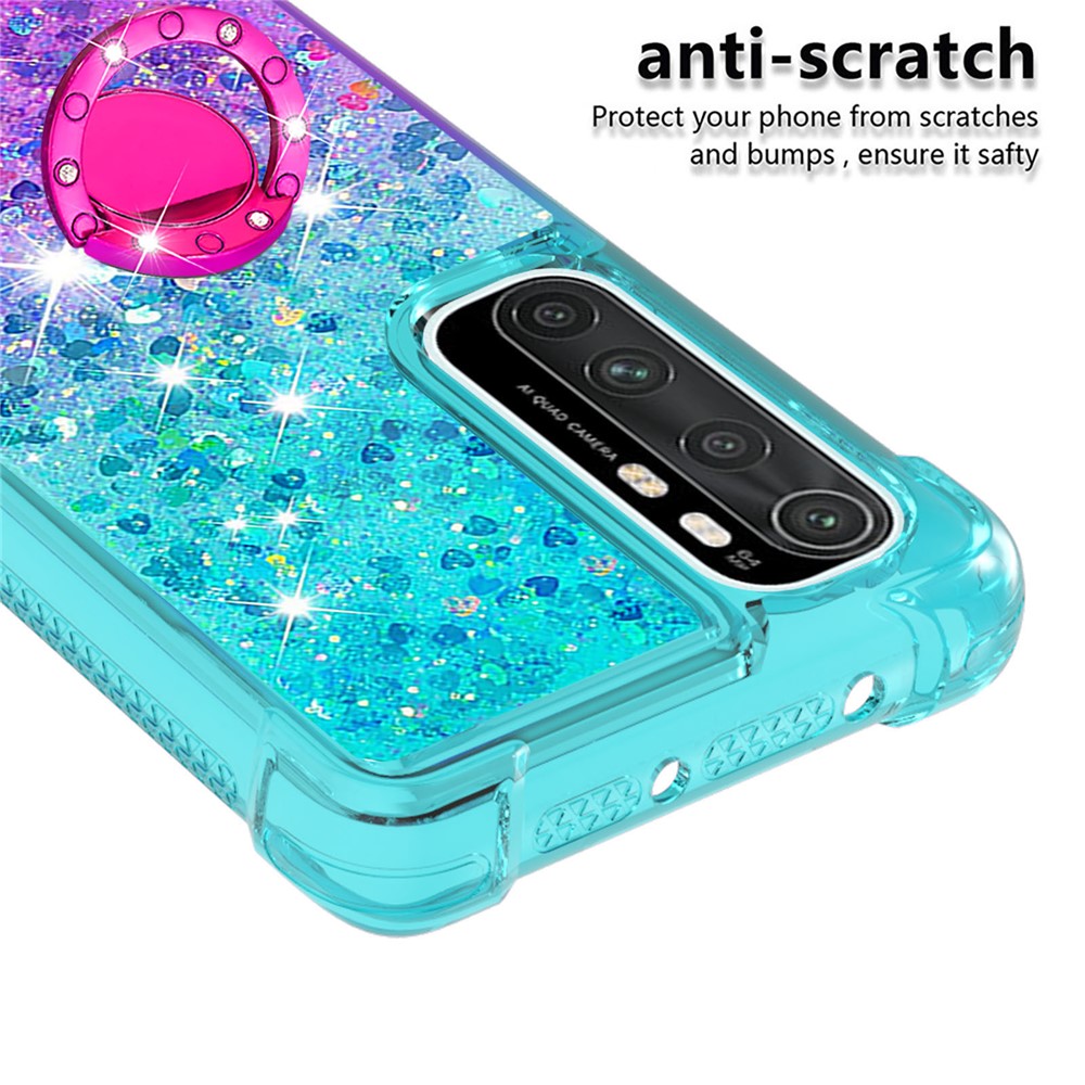 Shockproof Gradient Quicksand with Ring Kickstand TPU Shell for Xiaomi Mi Note 10 Lite - Cyan/Purple-4