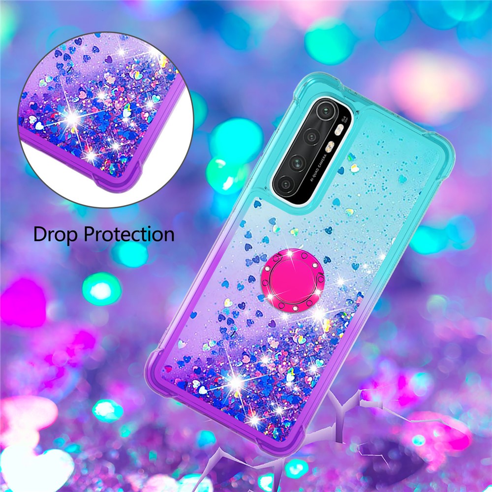 Shockproof Gradient Quicksand with Ring Kickstand TPU Shell for Xiaomi Mi Note 10 Lite - Cyan/Purple-5