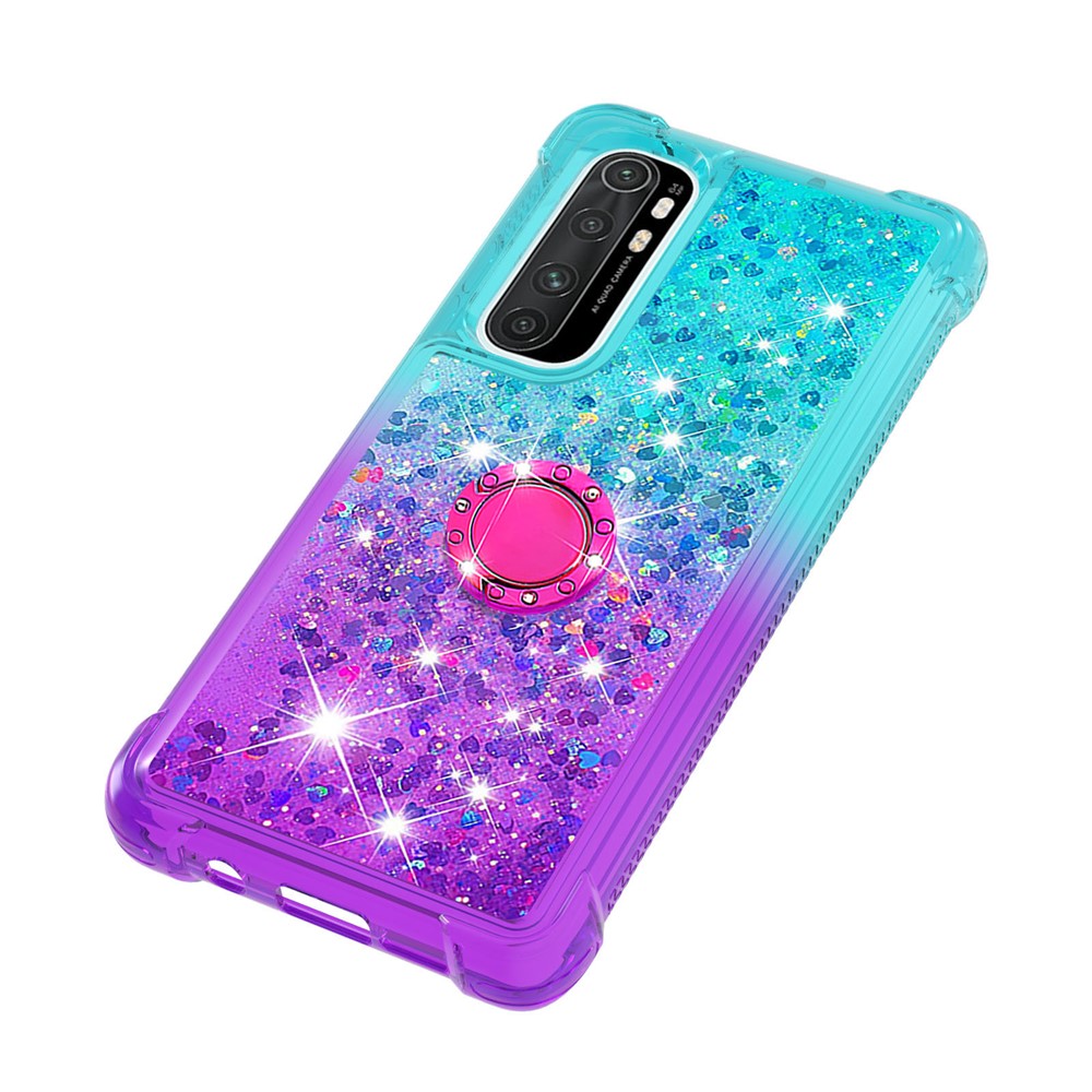 Shockproof Gradient Quicksand with Ring Kickstand TPU Shell for Xiaomi Mi Note 10 Lite - Cyan/Purple-6