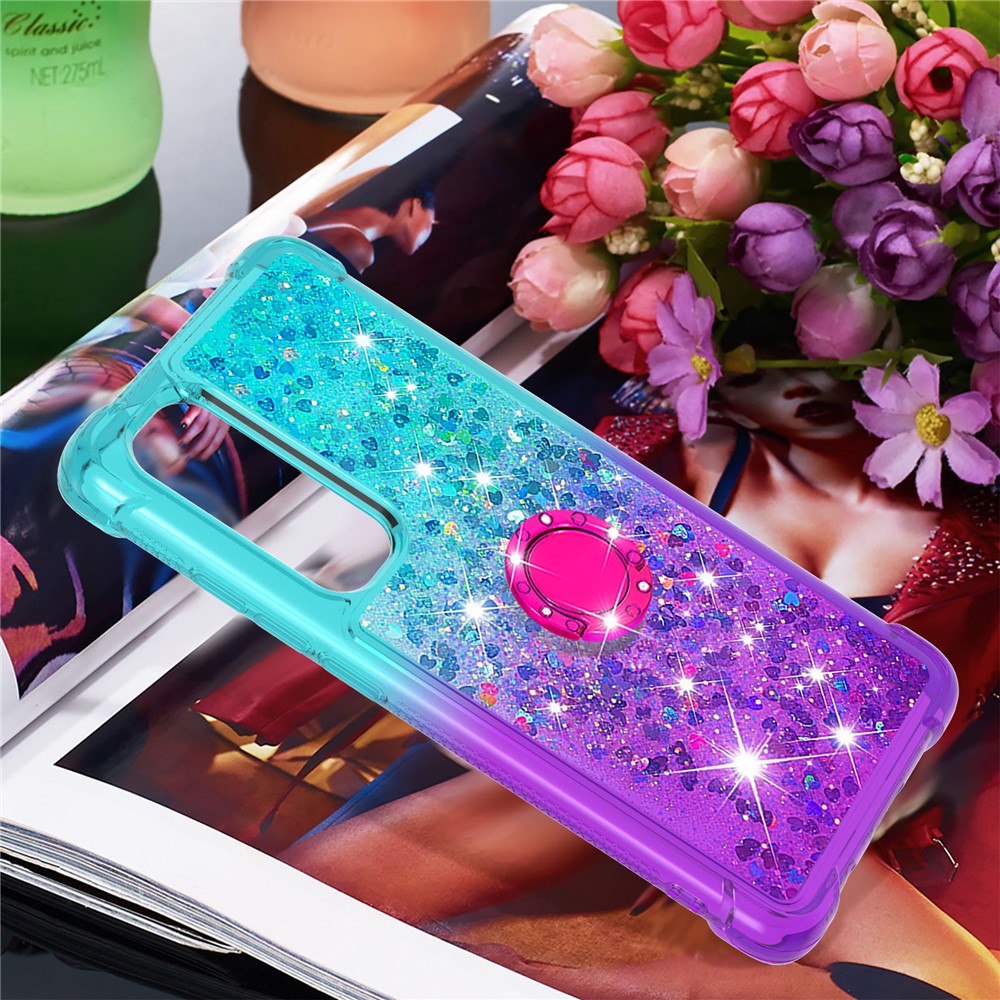 Shockproof Gradient Quicksand with Ring Kickstand TPU Shell for Xiaomi Mi Note 10 Lite - Cyan/Purple-7
