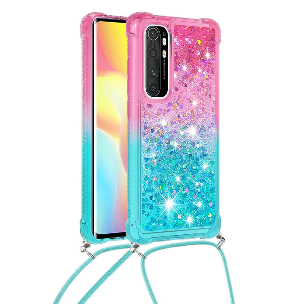 Shockproof Gradient Glitter Powder Quicksand Design TPU Phone Shell with Strap for Xiaomi Mi Note 10 Lite - Pink/Cyan-1
