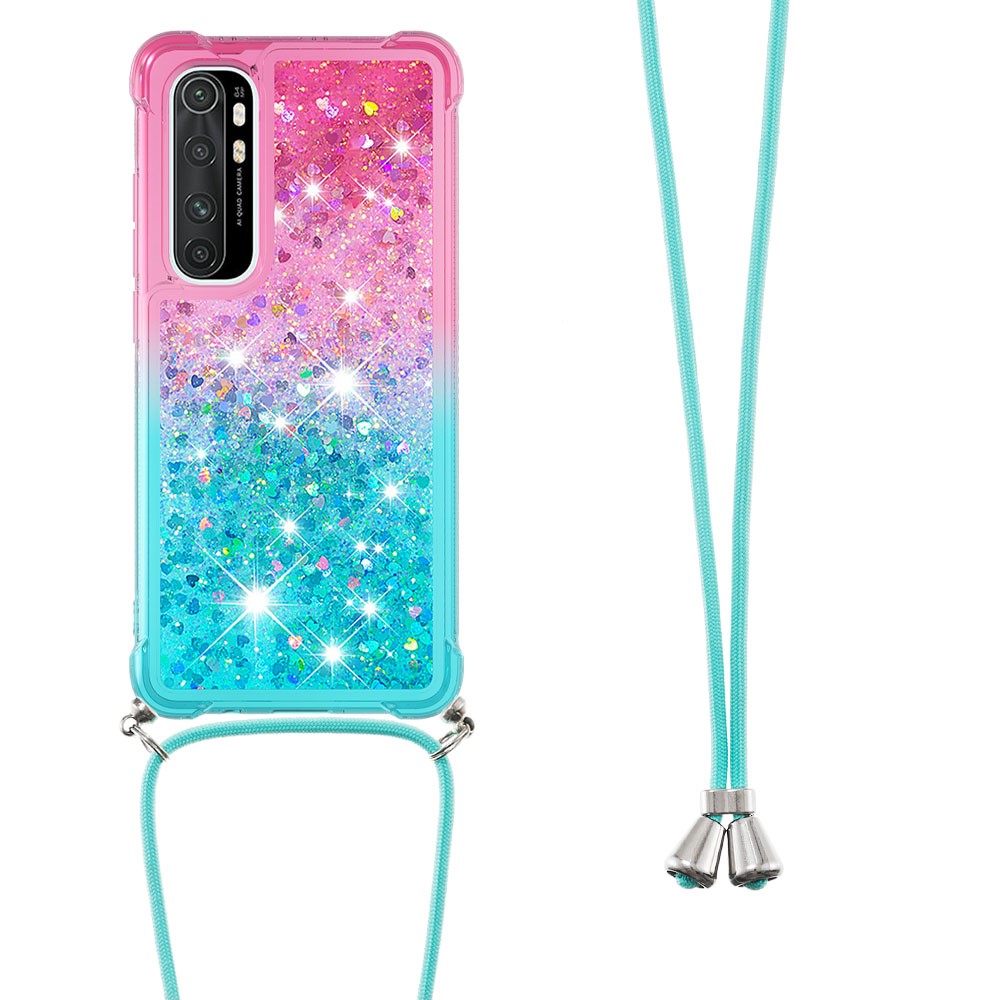 Shockproof Gradient Glitter Powder Quicksand Design TPU Phone Shell with Strap for Xiaomi Mi Note 10 Lite - Pink/Cyan-2