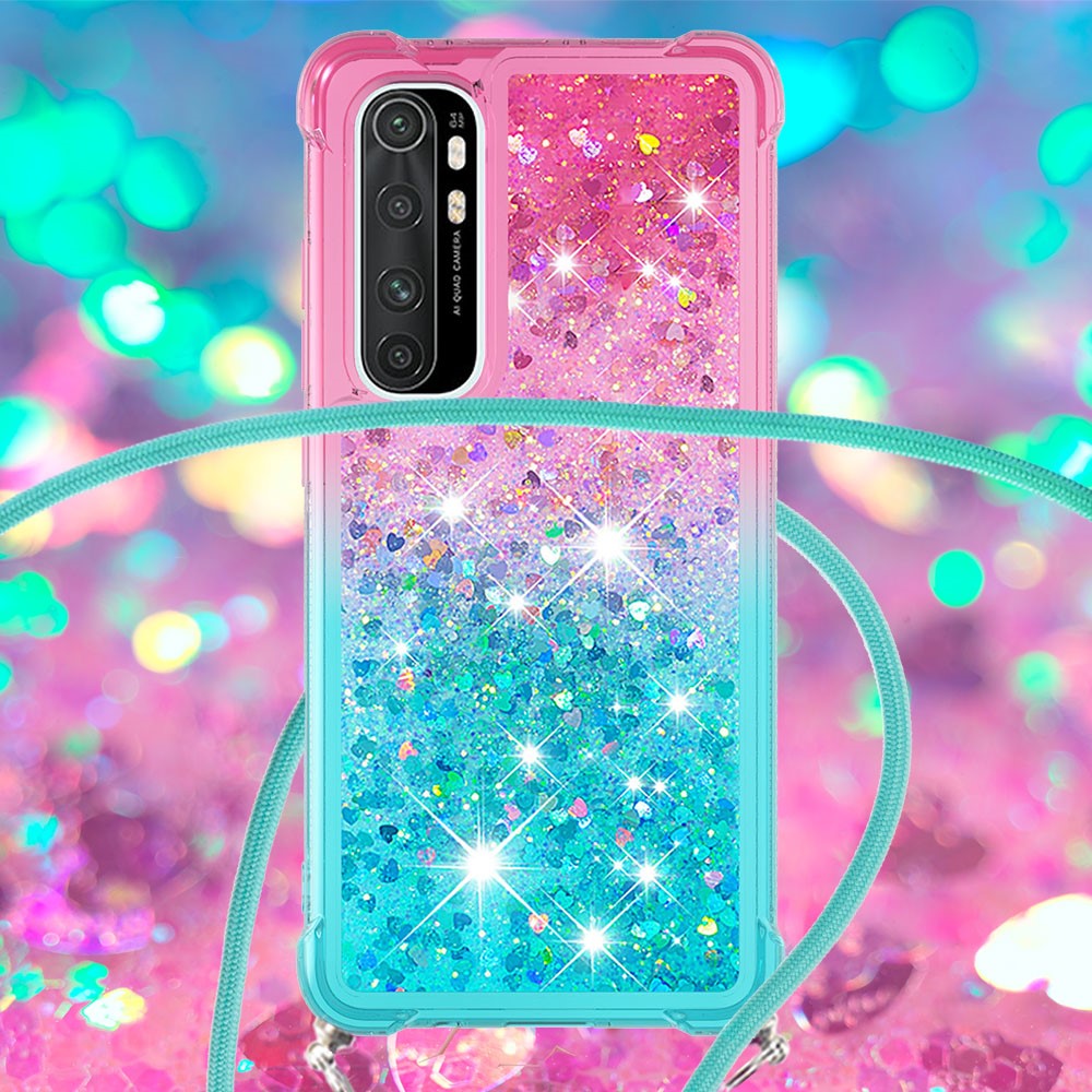 Shockproof Gradient Glitter Powder Quicksand Design TPU Phone Shell with Strap for Xiaomi Mi Note 10 Lite - Pink/Cyan-4