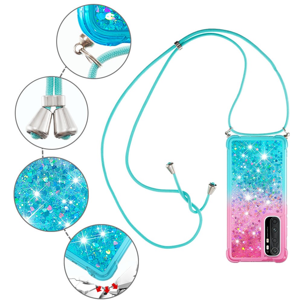Shockproof Gradient Glitter Powder Quicksand Design TPU Phone Shell with Strap for Xiaomi Mi Note 10 Lite - Pink/Cyan-5