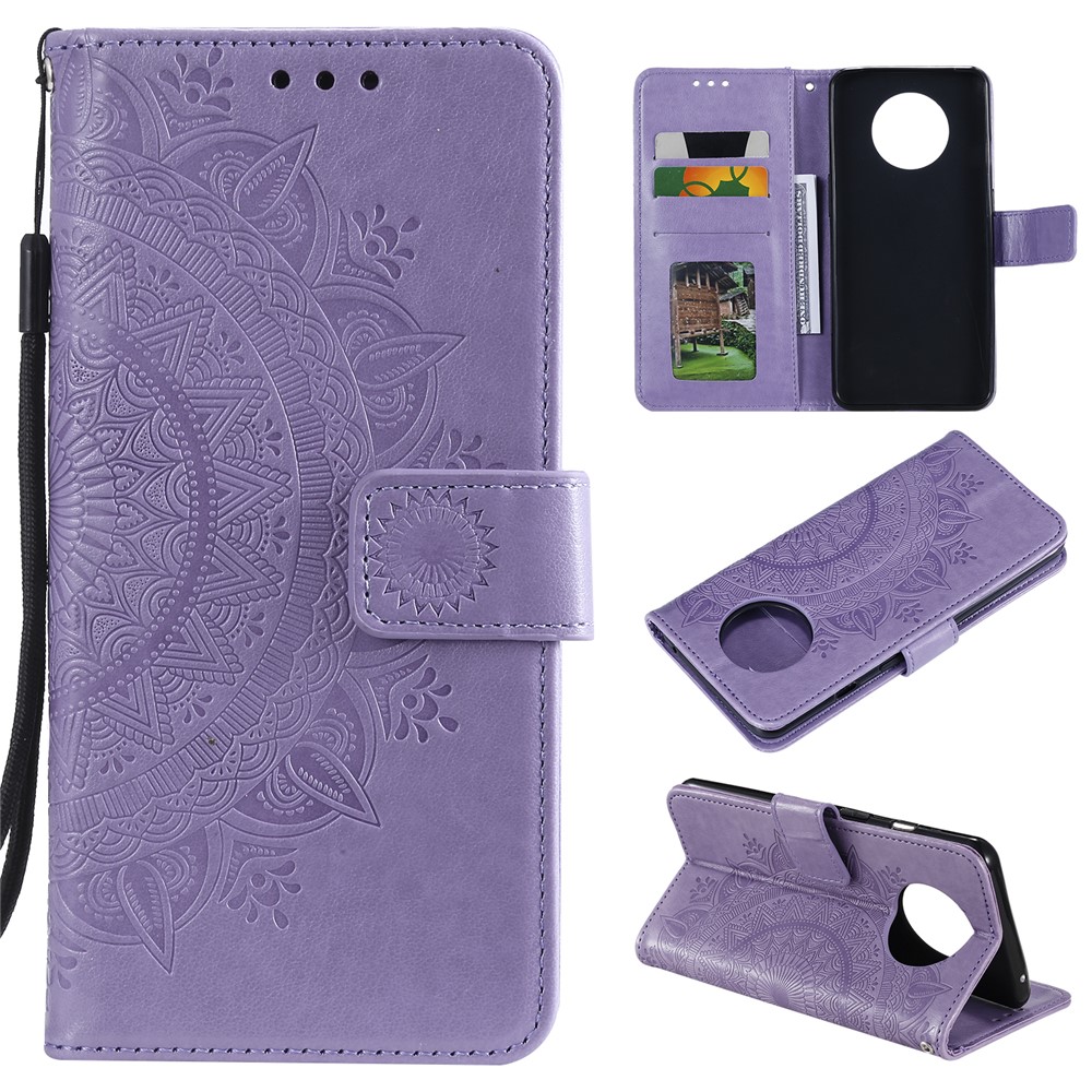 Imprinted Mandala Flower Stand Wallet Leather Case with Lanyard for Xiaomi Redmi Redmi Note 9 5G/Note 9T 5G - Purple-1