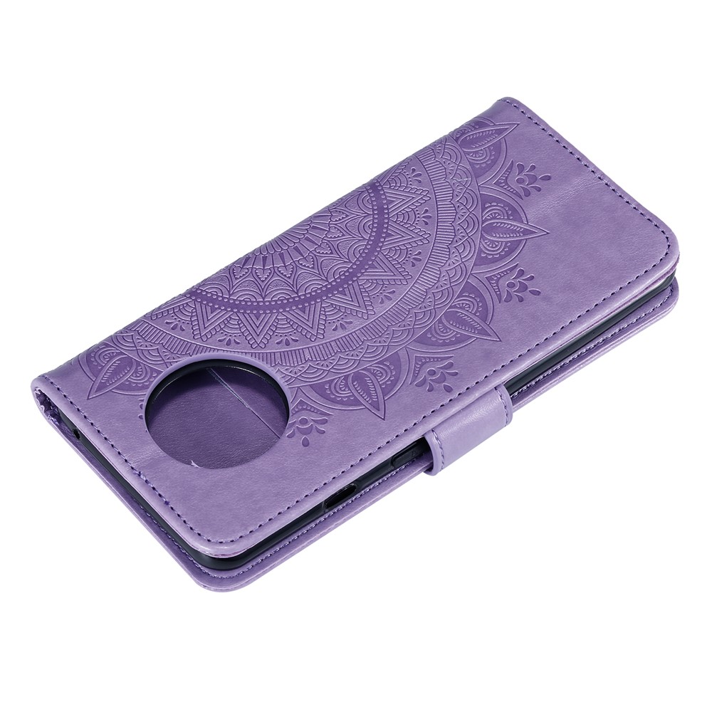 Estojo De Couro Da Carteira De Estante De Flor De Mandala Impresso Com Cordão Para Xiaomi Redmi Redmi Nota 9 5g / Nota 9t 5g - Roxo