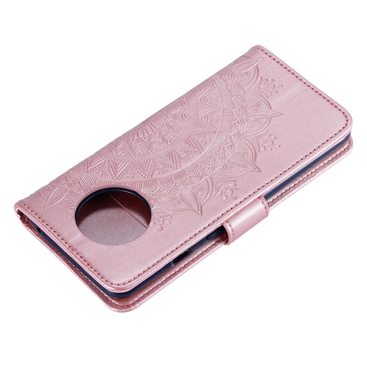 Estojo De Couro Da Carteira De Estante De Flor De Mandala Impresso Com Cordão Para Xiaomi Redmi Redmi Nota 9 5g / Nota 9t 5g - Rosa Ouro-6